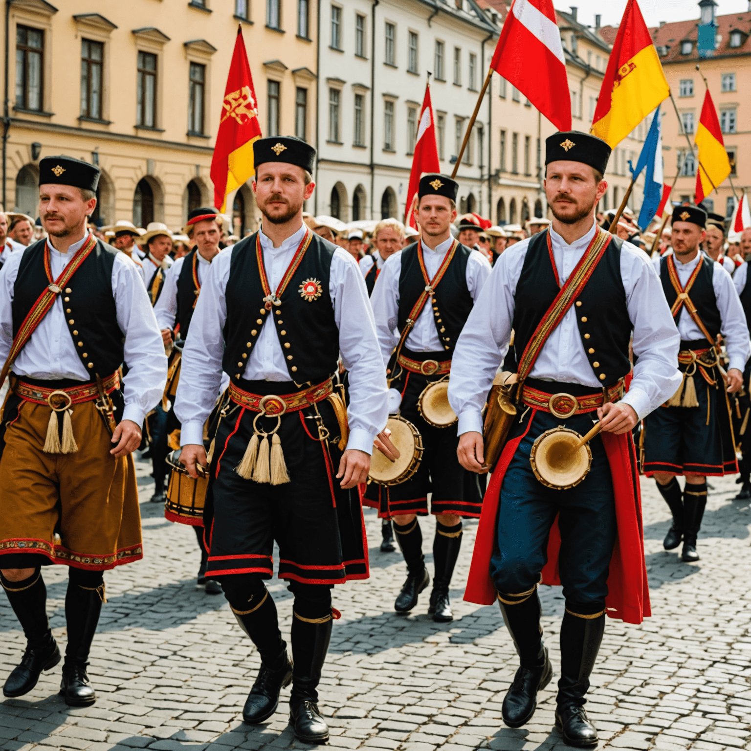 Kolorowy pochód podczas festiwalu folklorystycznego w Krakowie, z uczestnikami w tradycyjnych strojach krakowskich, niosącymi flagi i instrumenty muzyczne