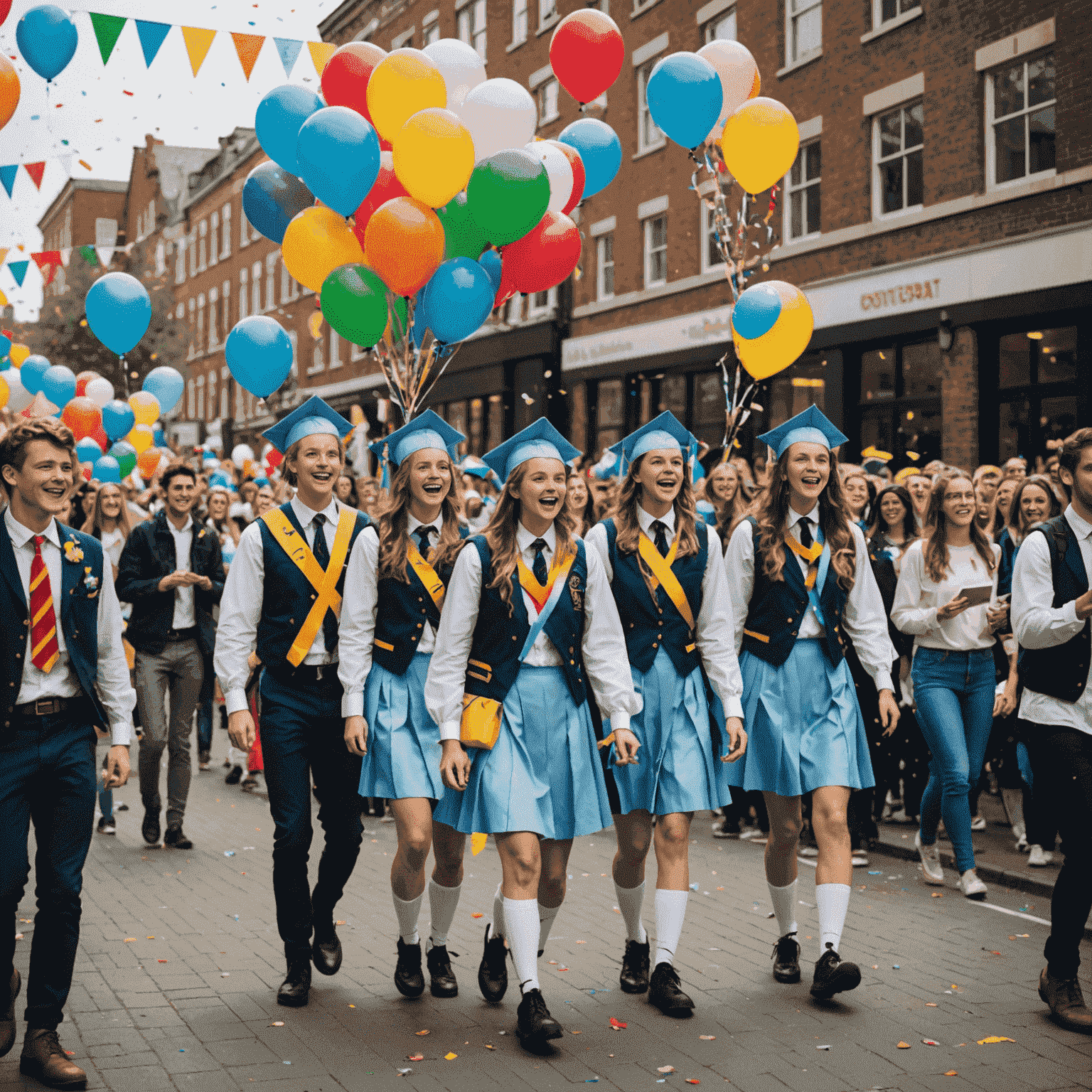 Grupa studentów w zabawnych kostiumach na platformie podczas parady Juwenaliowej. Widoczne są flagi uczelni, balony i konfetti unoszące się w powietrzu.