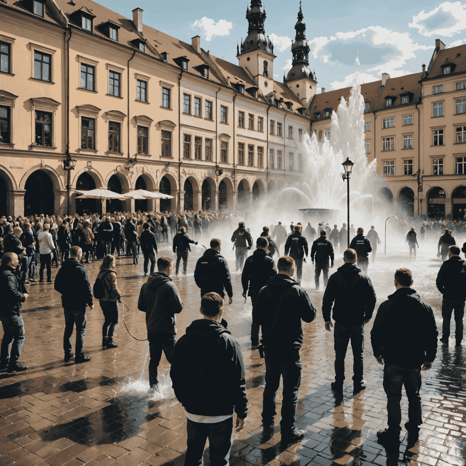 Tłum ludzi na rynku we Wrocławiu uczestniczący w wielkiej bitwie na wodę. Widoczne fontanny, z których tryska woda, oraz strażacy polewający uczestników z węży strażackich.