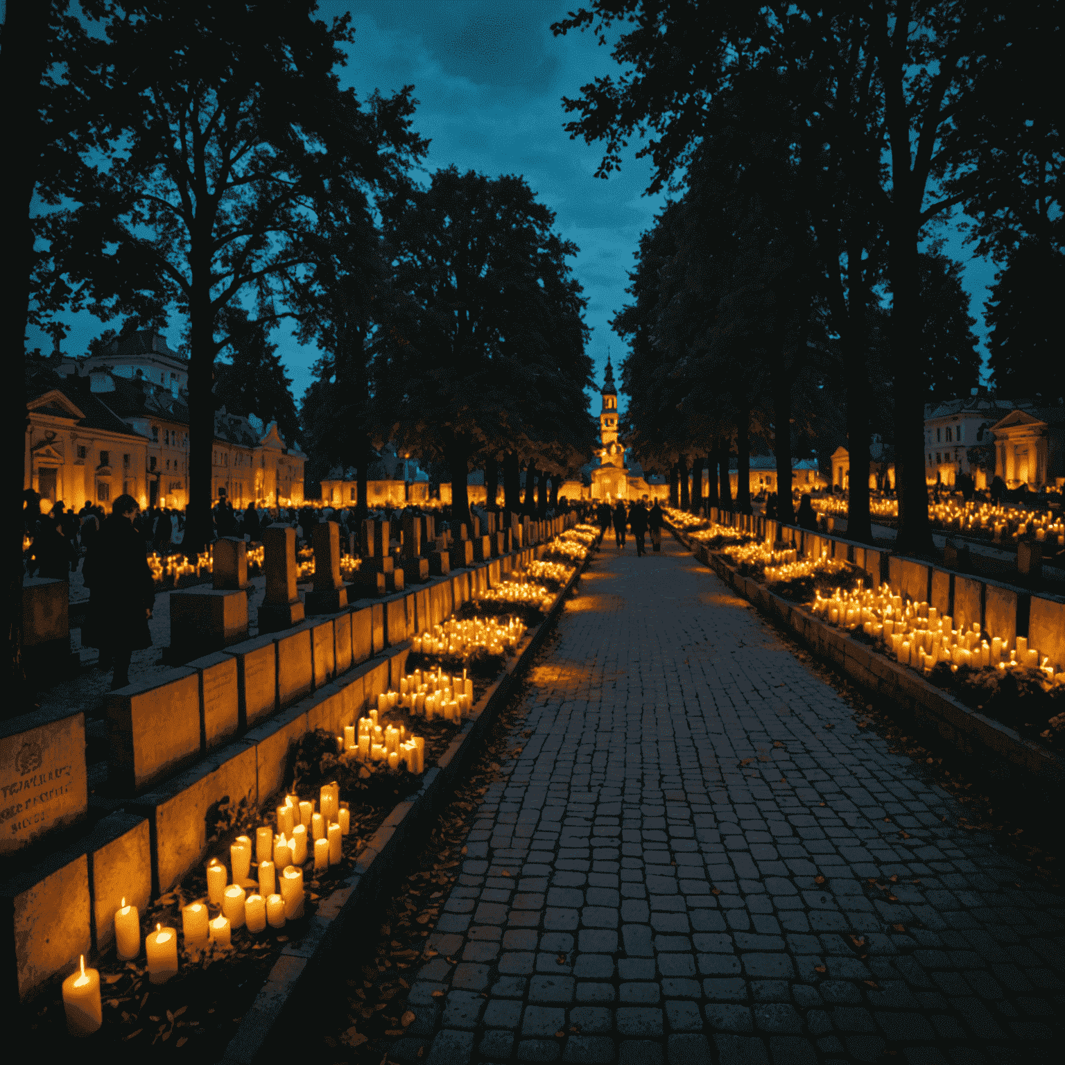 Nocny widok na cmentarz Powązkowski w Warszawie. Alejki oświetlone są tysiącami zniczy, tworząc magiczną atmosferę. Grupa ludzi z przewodnikiem słucha opowieści o historii nekropolii.