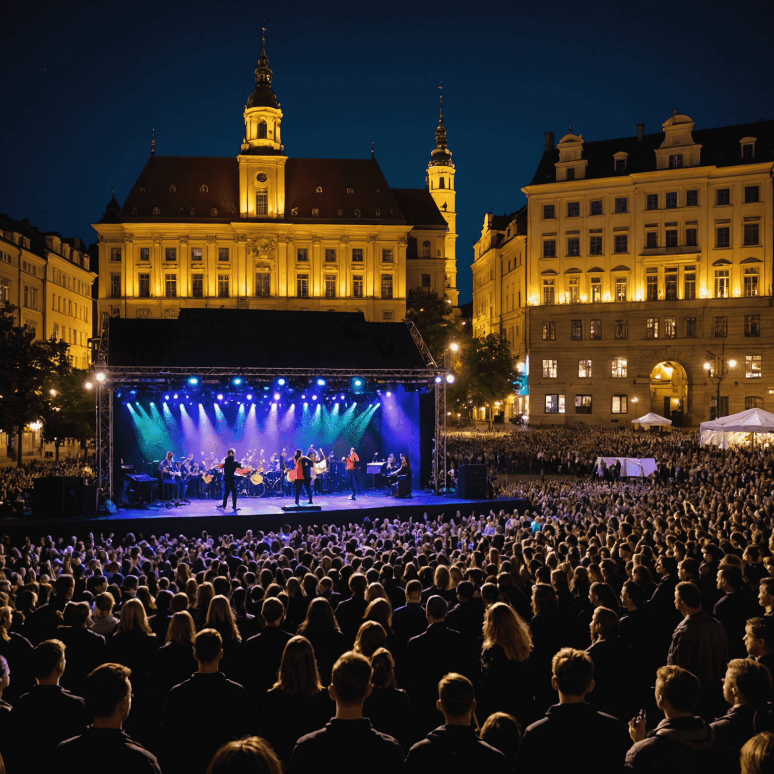 Nocny koncert podczas Juwenaliów. Scena oświetlona kolorowymi światłami, tłum studentów bawi się przed sceną. W tle widoczne są charakterystyczne budynki polskiego miasta.