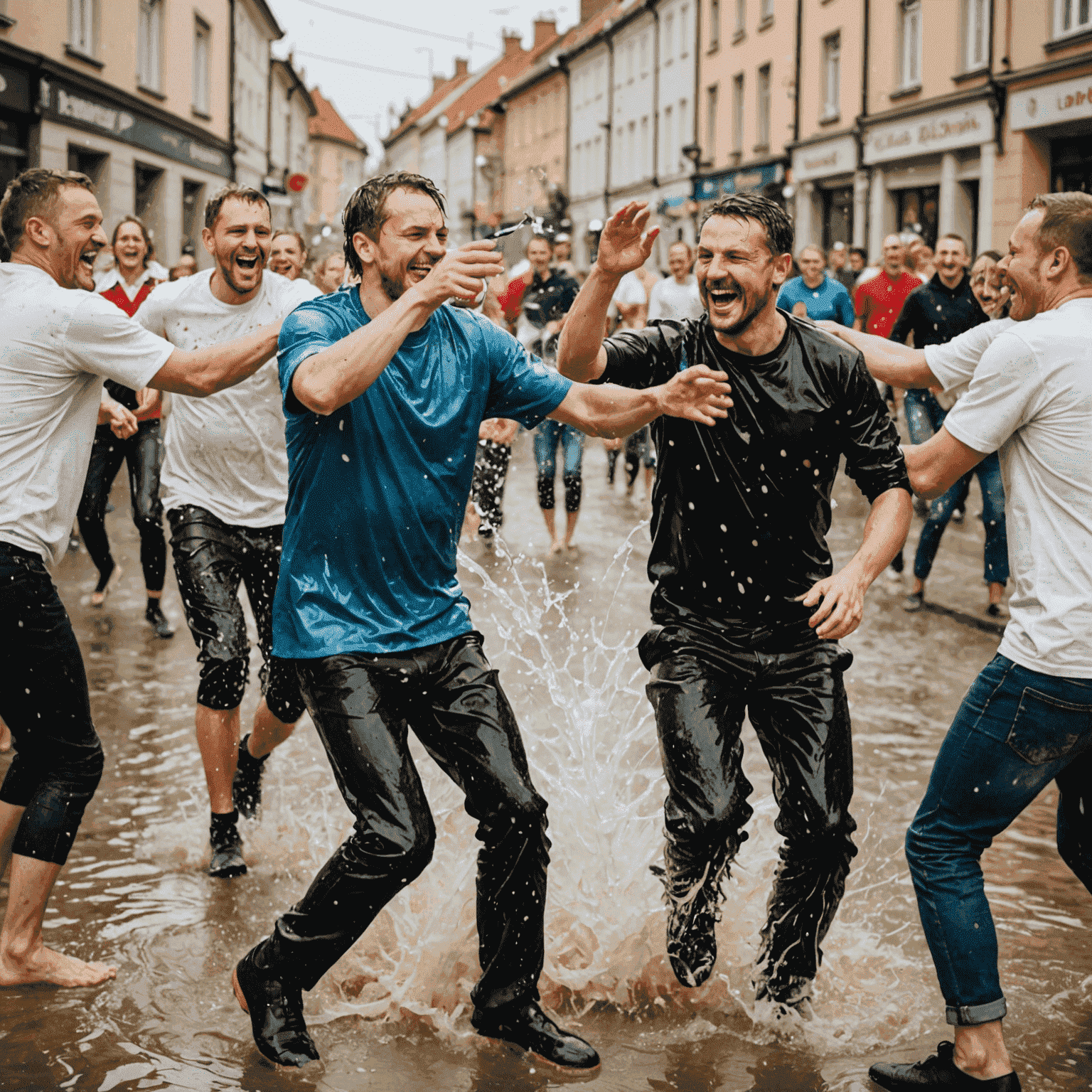 Roześmiani ludzie oblewający się wodą na ulicy podczas Śmigusa-Dyngusa