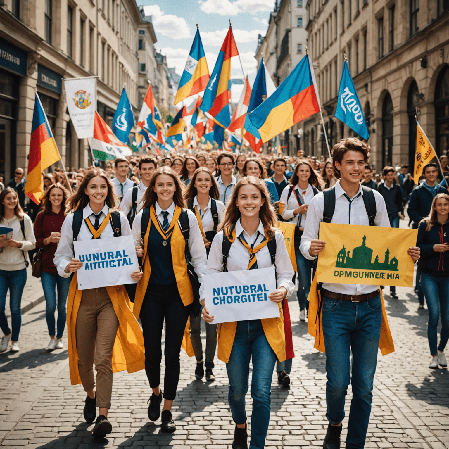 Kolorowa parada studentów w przebraniach, niosących transparenty i flagi uczelni, maszerujących przez centrum miasta